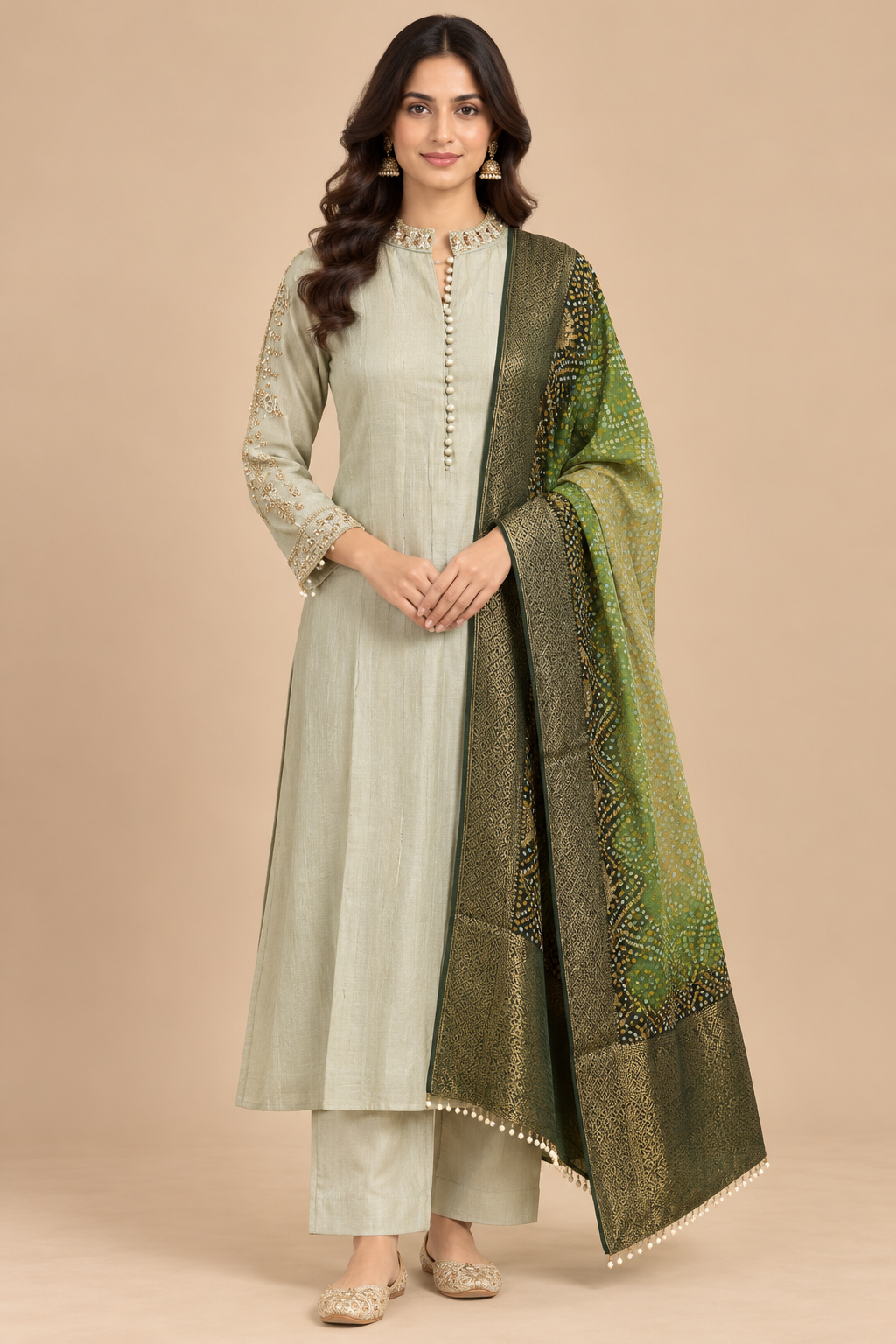 Sage Green Straight Kurta Pant Set with Green Printed Dupatta